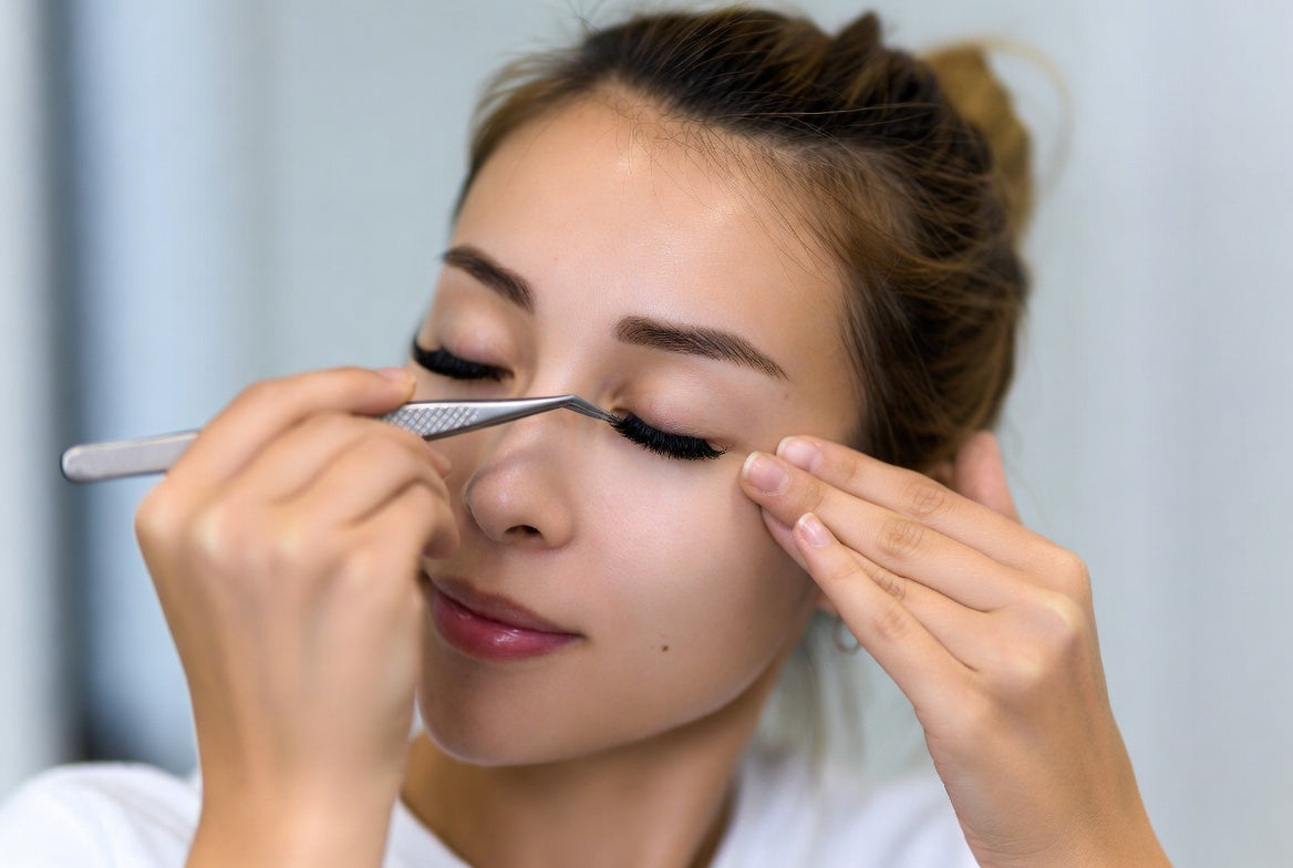 A woman putting on DIY Lash Extensions