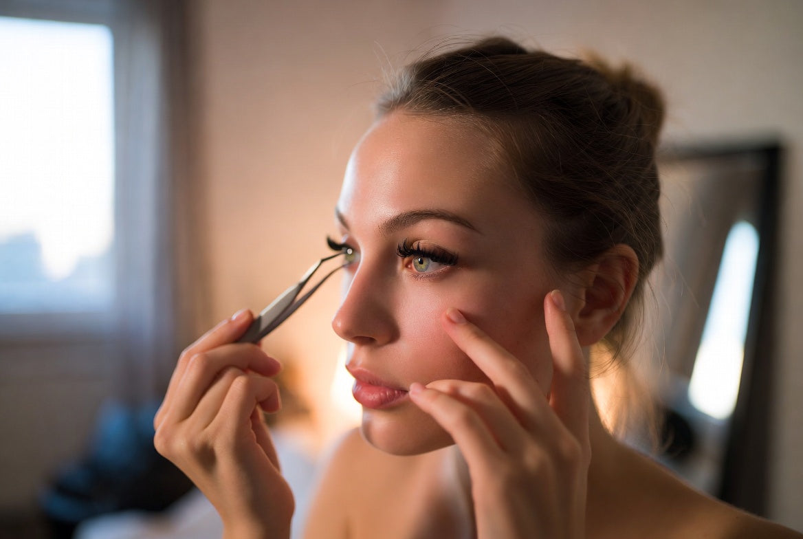 A woman putting on eyelashes